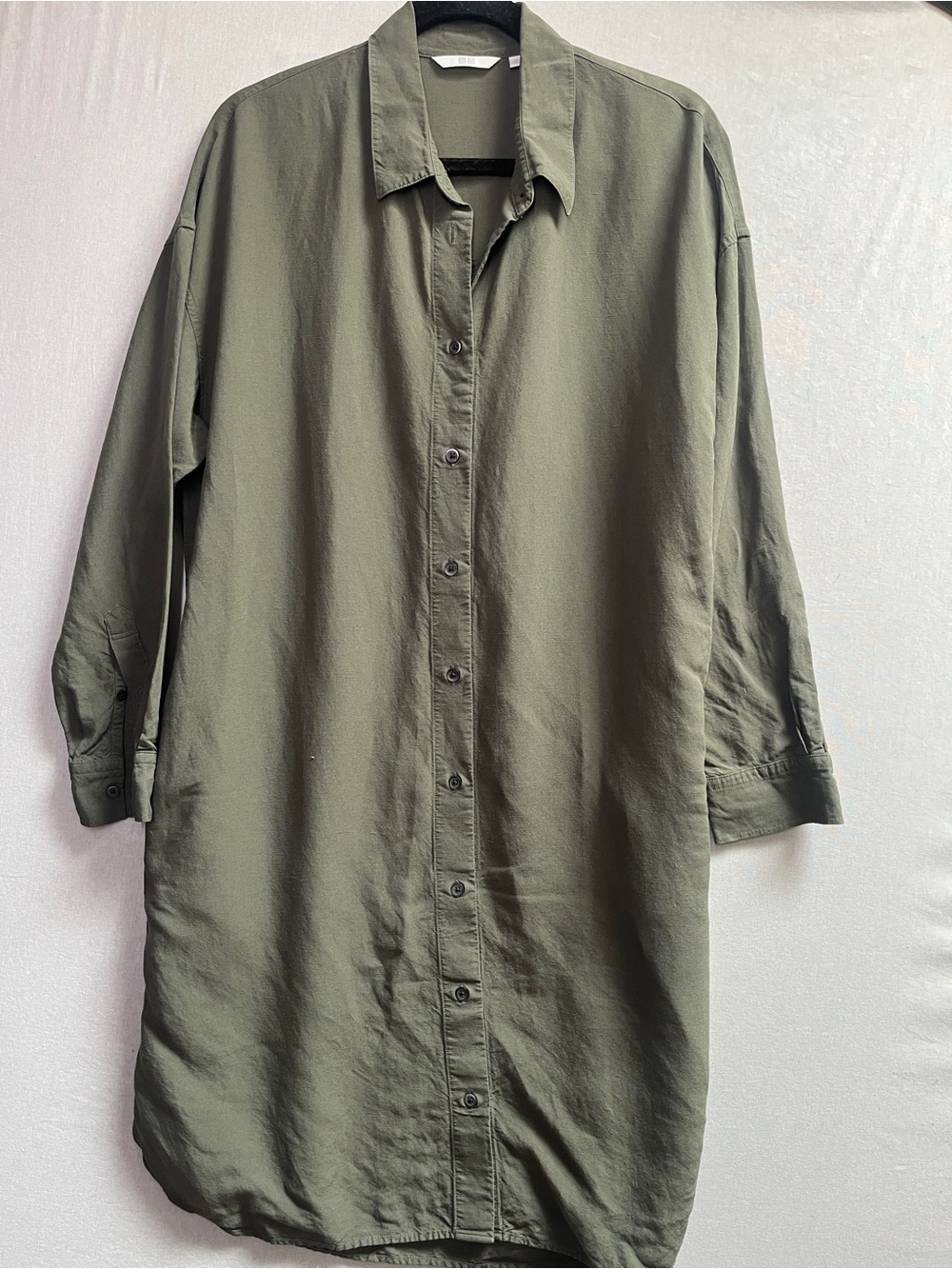Uniqlo Linen Blend Oversized Olive Green Button Front Shirt Dress Size M
